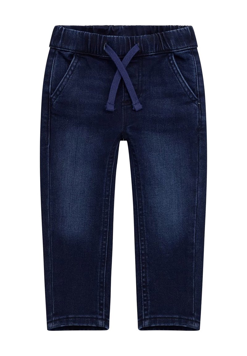 Pantaloni jogger in denim blu scuro con elastico in vita e coulisse. Presentano due tasche frontali e un design a gamba affusolata.