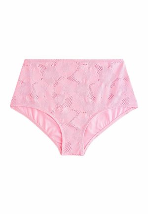 Culotte taille haute en dentelle rose avec motifs floraux et doublure intérieure unie, présentée sur un fond blanc.