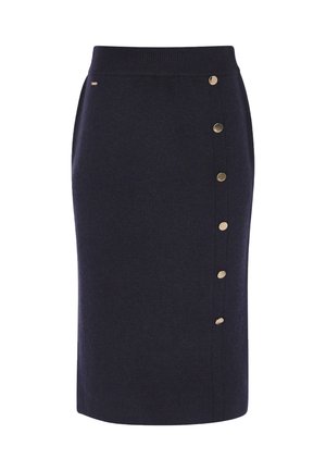 Granatowa dzianinowa spódnica ołówkowa z wysokim stanem, z bocznym rzędem złotych guzików jako zapięcie i gładką fakturą.