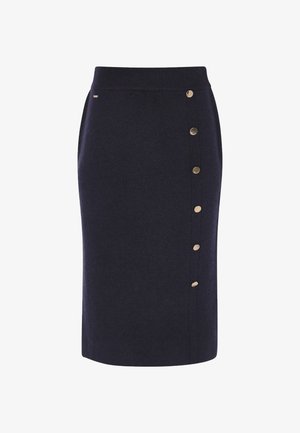 Falda lápiz de punto en azul marino con una cintura alta, que presenta una fila lateral de botones dorados para el cierre y una textura suave.