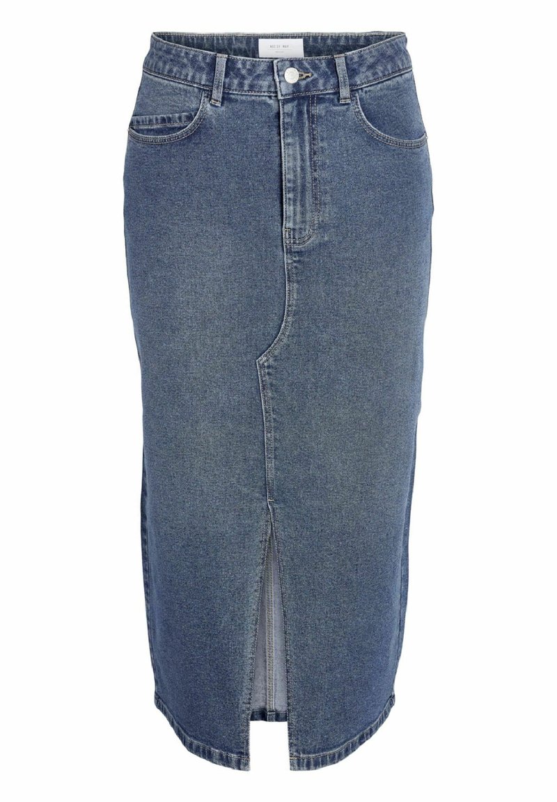 Džínová midi sukně světle modré barvy se rovný střih, předním rozparkem a klasickým pětipocket designem. Obsahuje zapínání na knoflík a zip.