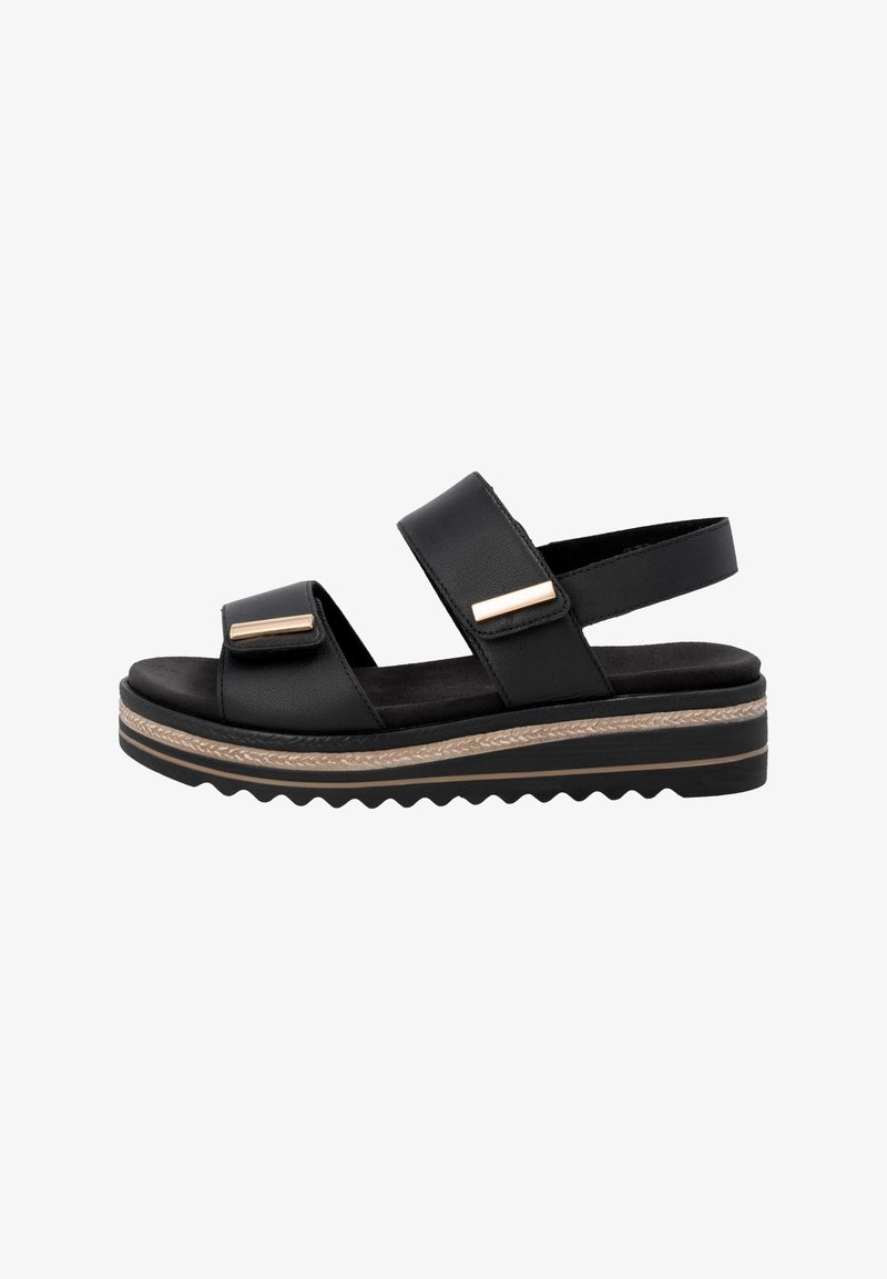 Sandales noires avec deux sangles réglables, accents métalliques et une semelle texturée au design tressé. Doublure intérieure douce.