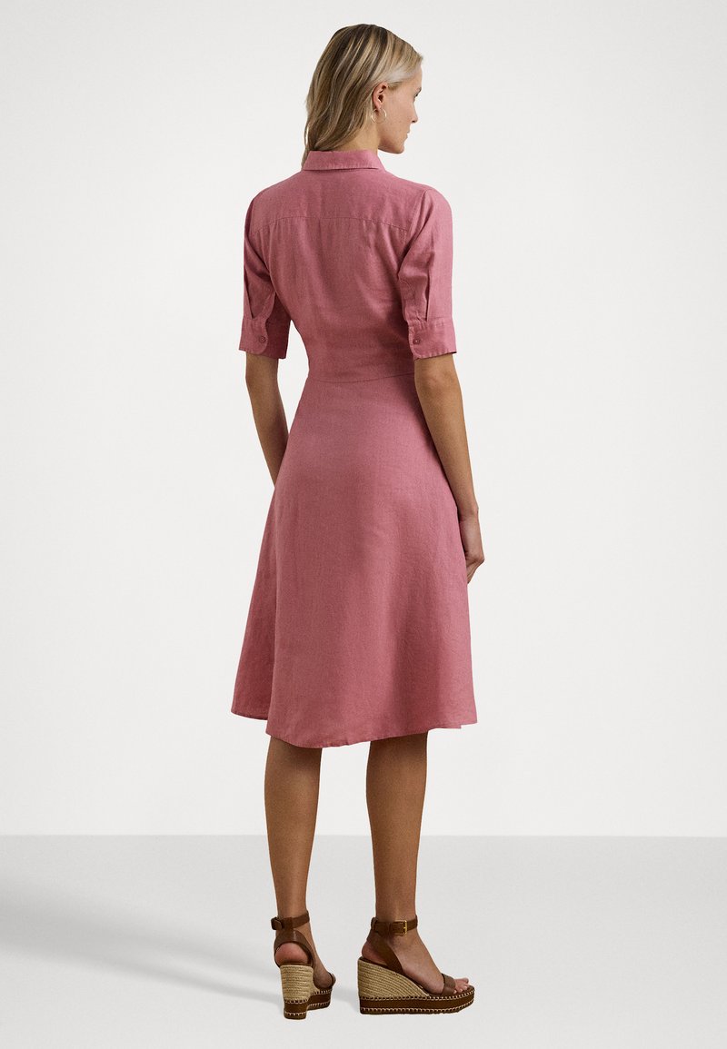 knee length dresses for ladies River Island Pink Linen Blend Shirred Bubble Hem Mini Dress UK 6 main image 0