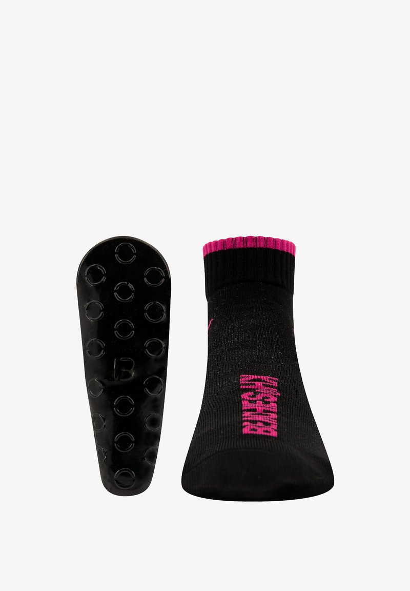 Schwarze Socke mit strukturiertem Sohlenbereich und kreisförmigen Grip-Punkten. Gerippter rosa oberen Rand und rosa Schriftzug an der Seite.