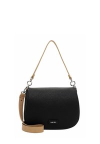 Black textured leather shoulder bag with a curved shape, featuring a tan strap, silver hardware, and a logo tag.