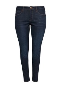 Dunkelblaue Skinny Jeans aus Denim, mit fünf Taschen, einem vorderen Knopfverschluss und kontrastierenden goldenen Nähten.