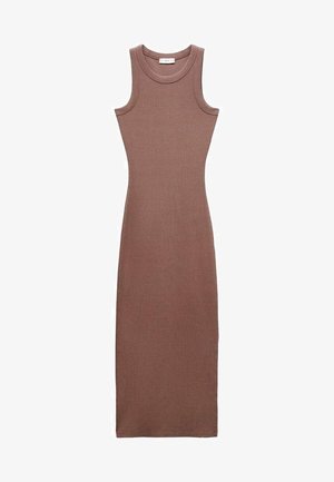 Robe midi sans manches en maille côtelée de couleur marron douce, avec un col rond et une silhouette ajustée.