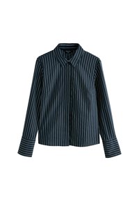 Navy blue long-sleeve shirt featuring white vertical stripes, a classic collar, front button closure, and contrasting striped cuffs.