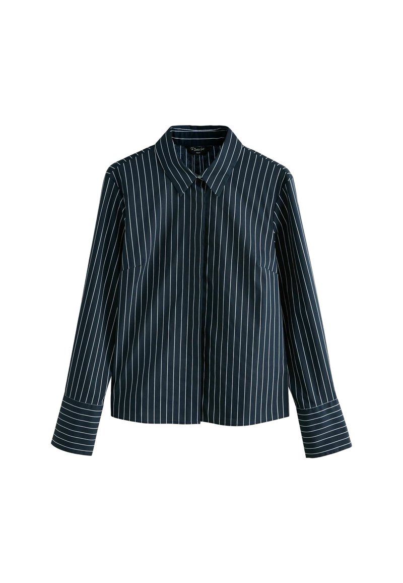 Navy blue long-sleeve shirt featuring white vertical stripes, a classic collar, front button closure, and contrasting striped cuffs.
