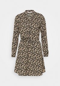 Robe à manches longues en tissu noir avec un imprimé floral en rose et crème. Elle présente un col, des boutons et une taille cintrée pour une silhouette ajustée.