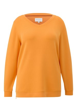 Felpa arancione con scollo a V e maniche lunghe, realizzata in tessuto liscio. Presenta una vestibilità comoda e cuciture sottili lungo l'orlo e i polsini.