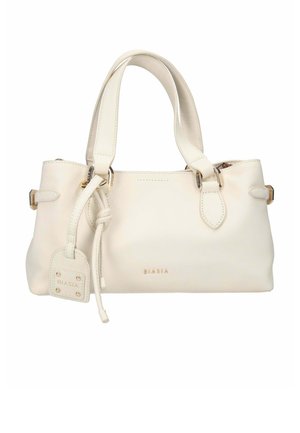 Sac à main en cuir couleur crème avec double poignée, nœud décoratif sur une sangle, ferrures dorées et nom de la marque "BIASIA" à l'avant.