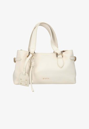 Sac à main en cuir couleur crème avec double poignée, nœud décoratif sur une sangle, ferrures dorées et nom de la marque "BIASIA" à l'avant.