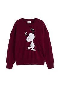 Pull en tricot bordeaux à coupe décontractée, mettant en avant un motif Snoopy noir et blanc sur le devant. Couples et ourlet côtelés.
