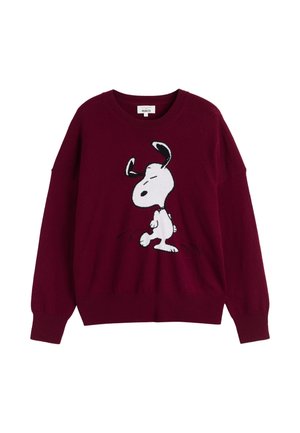 Pull en tricot bordeaux à coupe décontractée, mettant en avant un motif Snoopy noir et blanc sur le devant. Couples et ourlet côtelés.