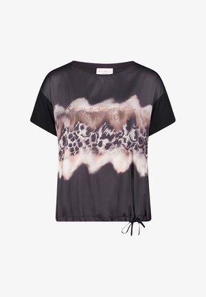 Krótka czarno-szara bluzka z centralnym pasem w zwierzęcy wzór, złotym napisem "Sometimes less is more" oraz sznurkiem ściągającym u dołu po prawej stronie.