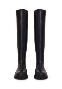 Black leather knee-high boots with a smooth finish, rounded toe, and thick rubber sole featuring a tread pattern.