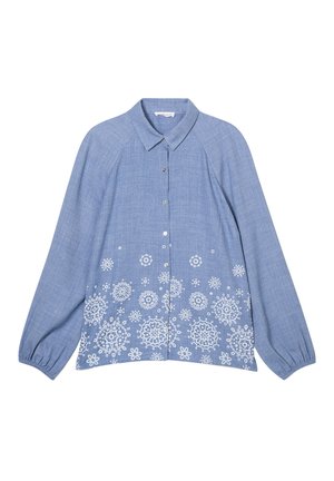 Camicetta blu con bottoni, a maniche lunghe, colletto e ricami floreali bianchi all'orlo. Realizzata in tessuto testurizzato con una vestibilità comoda.