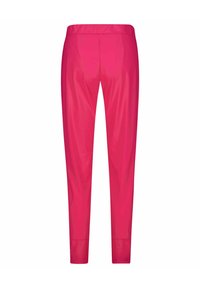 Rosa, lätta byxor med elastisk midja och tapered bendesign. Slät textur, inga synliga mönster eller hårdvarudetaljer.