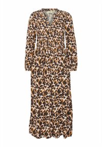 Maxiklänning i leopardmönster med långa ärmar, v-ringning och draperad midja, tillverkad av lätt tyg i jordnära färger.