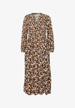 Maxi dress in a leopard print design featuring long sleeves, a v-neckline, and gathered waist, made from lightweight fabric in earth tones.