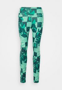 Leggings avec un motif géométrique dans des nuances de vert menthe et de bleu canard. Fabriqués à partir d'un tissu extensible et évacuant l'humidité avec une finition lisse.