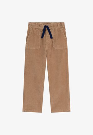 Bordeaux corduroy broek met een zachte textuur, voorzien van twee vo pockets, een elastische tailleband en een marineblauwe trekkoord.