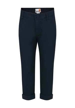 Pantalon en coton bleu marine à coupe droite, avec fermeture à bouton, passants de ceinture et ourlets retournés pour un look ajusté.