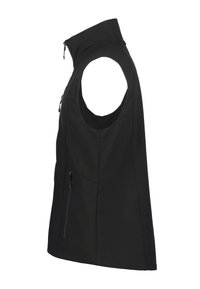 Schwarze ärmellose Weste mit hohem Kragen und Reißverschlusstaschen, von der Seite gezeigt.