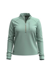Lichtgroene, langemouw pullover met een half-rits kraag, voorzien van een contrasterende oranje rits en rekbaar materiaal. Klein logo op de linkerbenedenhoek.