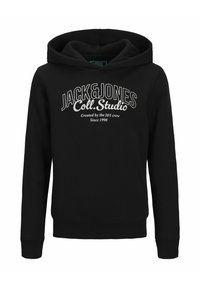 Melna kapuce ar balto "JACK & JONES Coll. Studio Created by the J&J crew Since 1990" tekstu uz krūts, ar priekšējo kabatu un garām piedurknēm.