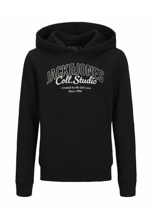 Melna kapuce ar balto "JACK & JONES Coll. Studio Created by the J&J crew Since 1990" tekstu uz krūts, ar priekšējo kabatu un garām piedurknēm.