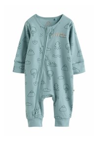 Hele sinine soonikkoes beebikombe, millel on loodusteemalised trükitud mustrid, ees tõmblukuga sulgur ja elastsed mansetid pahkluude ja randmete ümber.