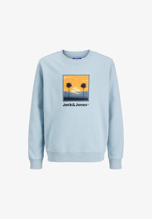Sudadera de color azul claro hecha de algodón, con un gráfico de palmeras y un atardecer, y puños y dobladillo acanalados. Logo en la parte inferior.