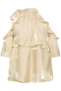 Svijetlokrémasta, sjajna bluza s dugim rukavima, ukrašena naborima na izrezima ramenima i detaljem s vezicama na izrezu oko vrata.