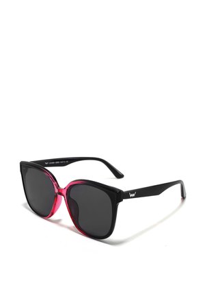 Black and pink sunglasses with a cat-eye shape, featuring black solid arms, dark lenses, and a transparent pink front frame.