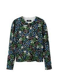 Czarny sweter z długim rękawem z drobnym kolorowym kwiatowym wzorem w odcieniach białego, niebieskiego, zielonego i jasnoczerwonego.