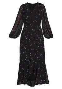 Schwarzes Midikleid mit transparenten langen Puffärmeln, V-Ausschnitt, Wickelbund zum Binden und kleinem rosa-lila Blumenmuster.