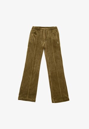 Pantaloni in velluto marrone con vita regolabile, tasche laterali e cuciture a contrasto sulle gambe, dotati di un piccolo dettaglio con logo.