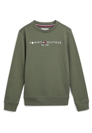 Olivengrøn sweatshirt med rund hals, med teksten "TOMMY HILFIGER EST. 1985" i hvid. Ribstrikkede ærmekanter og kant forneden. Logo-detalje på ærmet.
