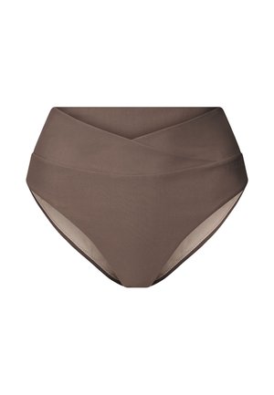 Brun bikiniunderdel med høj talje og krydsomviklingsdesign, lavet af glat stof, med en beige foring og minimale kanter.