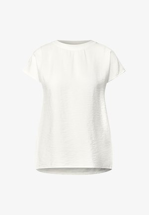 Bílý krátký rukáv tričko s kulatým výstřihem, vyrobené z mírně texturované tkaniny a s zakřiveným lemem, které poskytuje prodlouženou siluetu.
