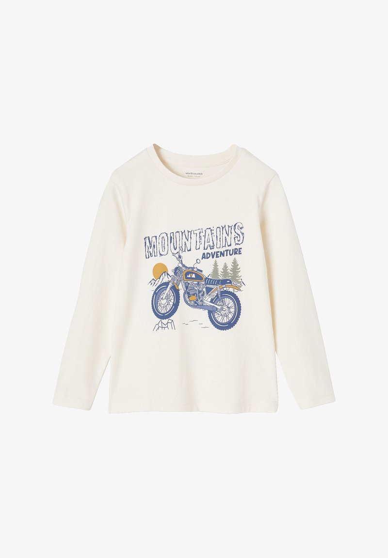 Long-sleeve cream cotton t-shirt featuring a blue motorcycle graphic, with "MOUNTAINS ADVENTURE" text and mountain-scape design.