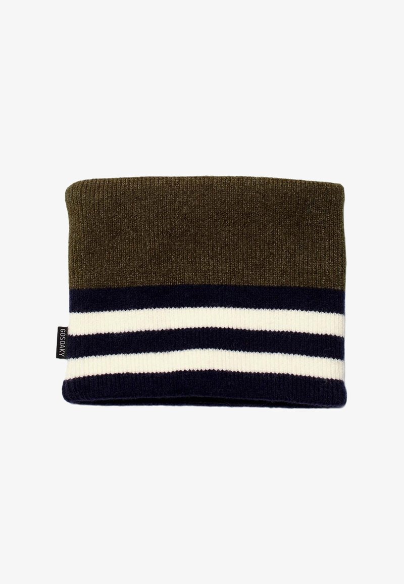 Scaldacollo lavorato a maglia di colore verde oliva con una banda a strisce blu e bianche nella parte inferiore. Texture morbida, forma cilindrica, etichetta laterale.