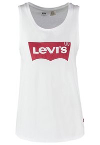 Débardeur blanc Levi's sans manches avec un grand logo rouge et un lettrage blanc centré sur la poitrine.