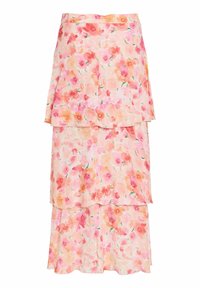 Ροζ φούστα μέσης μήκους με πολλαπλές στρώσεις βολάν και μοτίβο λουλουδιών σε υδατογραφικό στυλ σε αποχρώσεις ροδάκινου, κοραλλί και πράσινου.