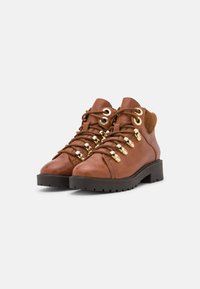 Bottes de cheville en cuir marron avec accessoires en or, présentant des orteils ronds, des lacets et un talon texturé sur une semelle noire robuste.