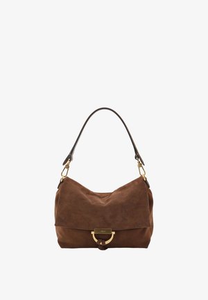 Brown suede shoulder bag with a flap closure and gold-tone metal clasp, featuring a single dark brown handle strap.