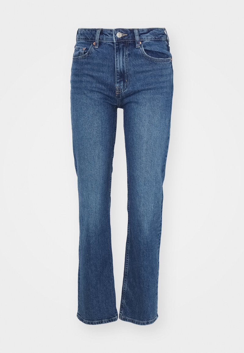 Mörkblå denimjeans med rak ben-design, hög midja, femfickorsstil och klassisk knapp- och dragkedjestängning.