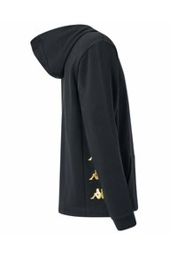 Felpa nera con cappuccio realizzata in materiale morbido, dotata di una grande tasca e di un logo dorato stampato verticalmente sul lato. Texture liscia e cappuccio regolabile.